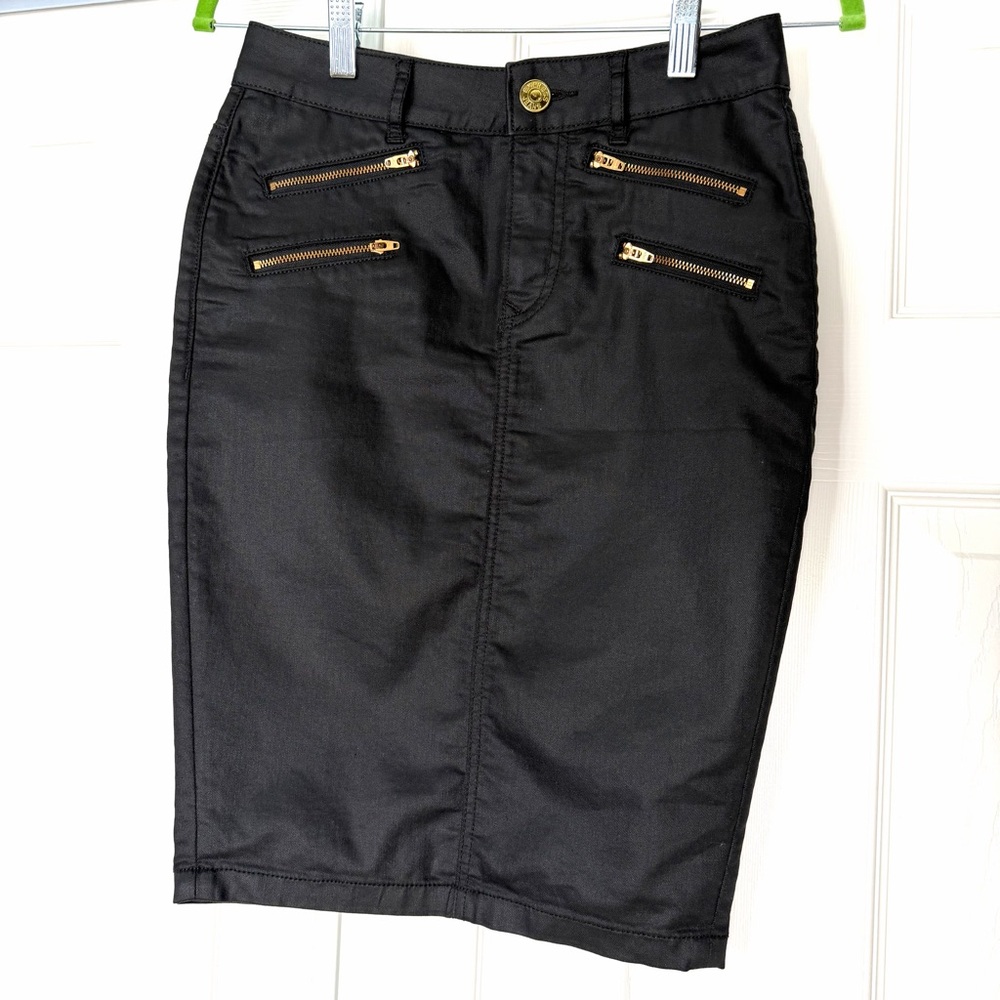 Express Black Pencil Skirt Denim-Like Fabric With Gold Zipper Accents Size 0